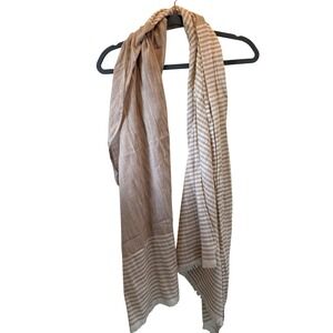 Bloom & Give Tan White Striped 100% Cotton Lightweight Fringe Scarf Shawl Wrap
